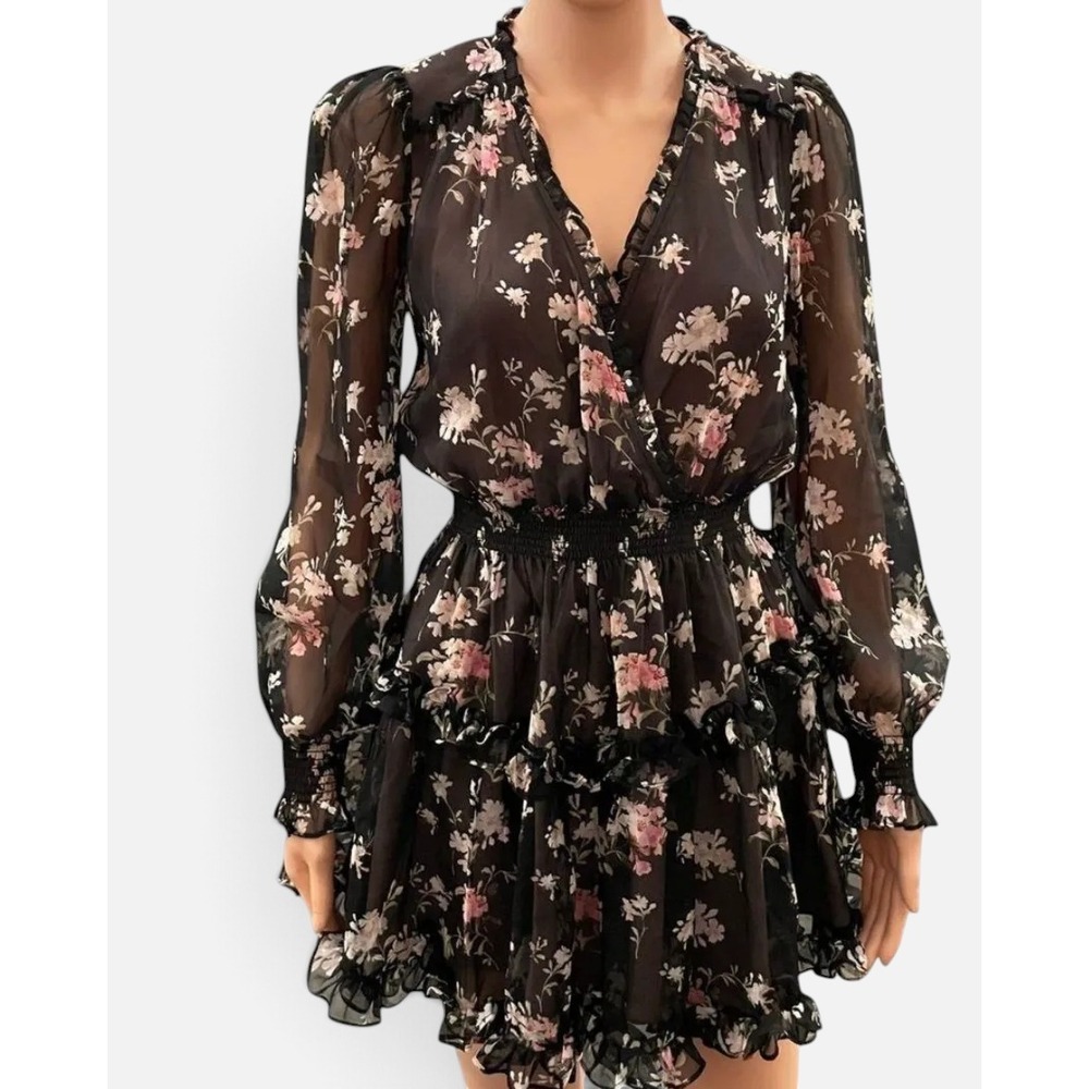 LoveShackFancy Spruce Dress P Aurora Nights Black Floral 100% Silk Mini